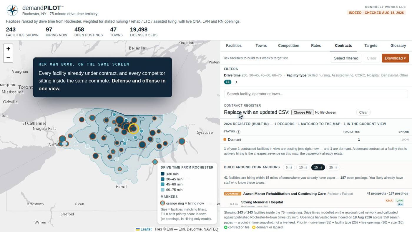 demandPILOT contracts view with a client's own agreements overlaid on the map