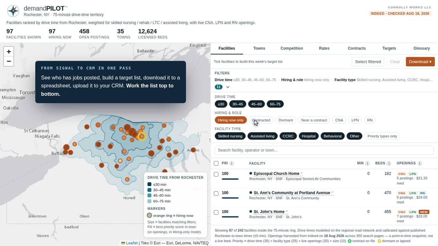 demandPILOT with the hiring-now filter applied, highlighting facilities with open postings