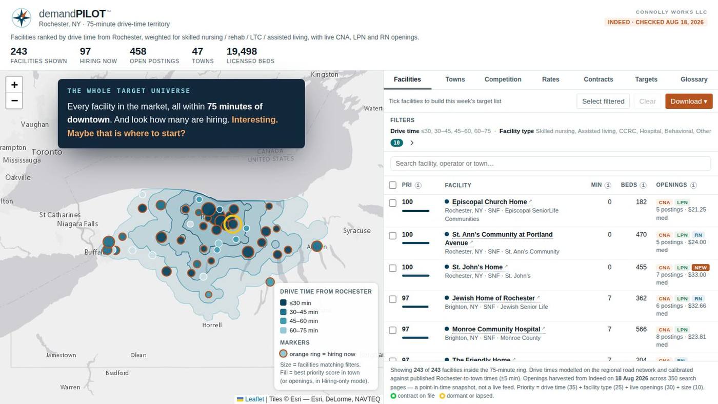 demandPILOT facilities view: a drive-time map of Rochester with a ranked facility list beside it